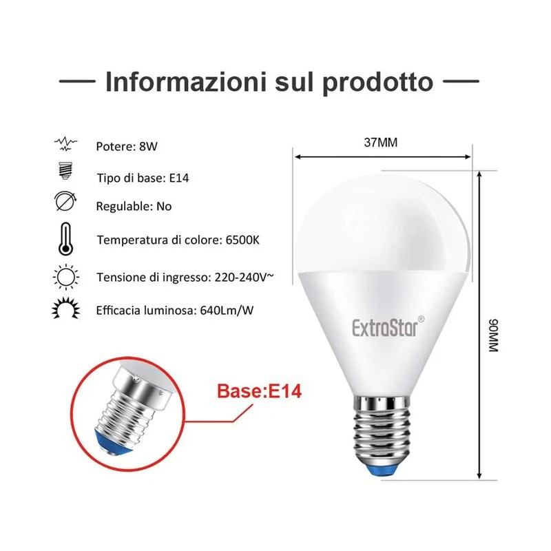 2 PZ Lampada A Led E14 P45 G45 8W Bianco Freddo 6500K 720 Lumen - Image 2