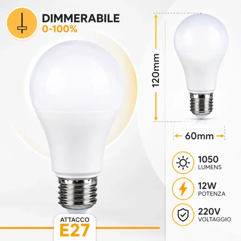 2 PZ Lampada Led E27 Dimmerabile Triac Dimmer 12W 220V 1050 Lumens, Disponibili 3000K 4000K 6000K (Bianco Neutro 4000K) - Image 2