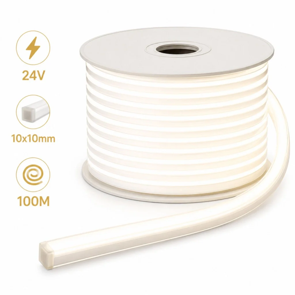 24V Bobina Striscia Led Neon Flex Da Incasso 10X10mm, 100 Metri, IP65 11W/M 660lm/M, Tagliabile Dove Vuole (Bianco Caldo 3000K) - Image 2