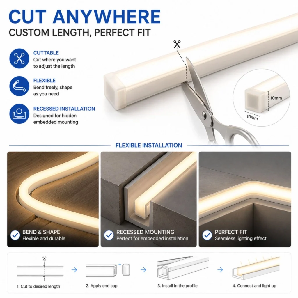 24V Bobina Striscia Led Neon Flex Da Incasso 10X10mm, 100 Metri, IP65 11W/M 660lm/M, Tagliabile Dove Vuole (Bianco Freddo 6500K) - Image 5