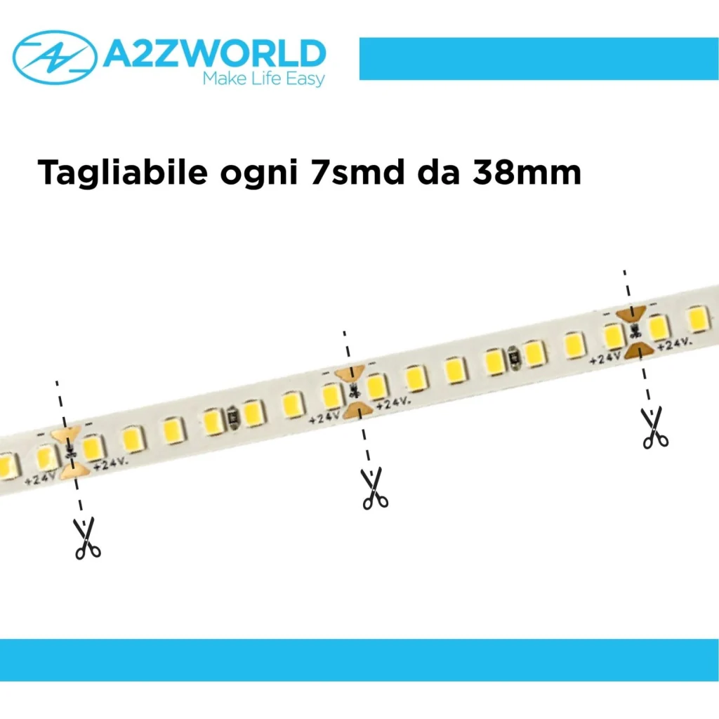 24V Striscia Led SMD Da 10 Metri, 16W/M 135lm/W 182SMD/M, Bianco Caldo 3000K, Larga 8mm, Dimmerabile PWM, Tagliabile ogni 7smd Da 38mm, IP20, CRI>80 - Image 3