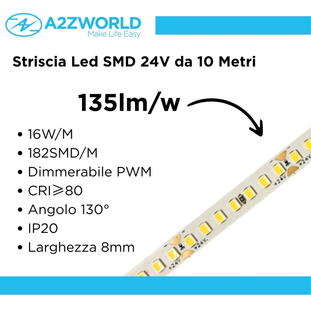 24V Striscia Led SMD Da 10 Metri, 16W/M 135lm/W 182SMD/M, Bianco Neutro 4000K, Larga 8mm, Dimmerabile PWM, Tagliabile ogni 7smd da 38mm, IP20, CRI>80 - Image 2