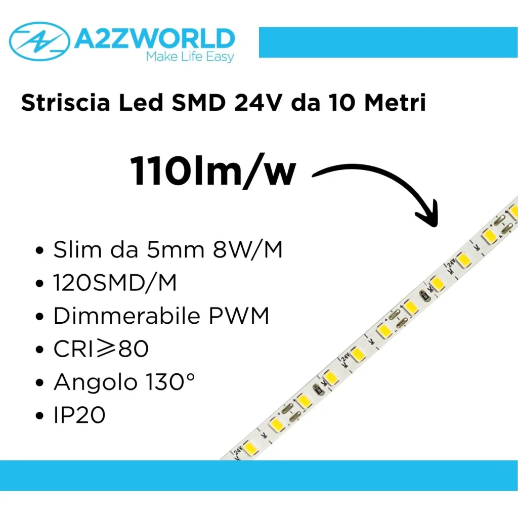 24V Striscia Led SMD Da 10 Metri, Slim da 5mm 8W/M, 110lm/W 120SMD/M, Bianco Freddo 6500K, Tagliabile Ogni Singolo Led da 8mm, Dimmerabile PWM, IP20, CRI>80 - Image 2