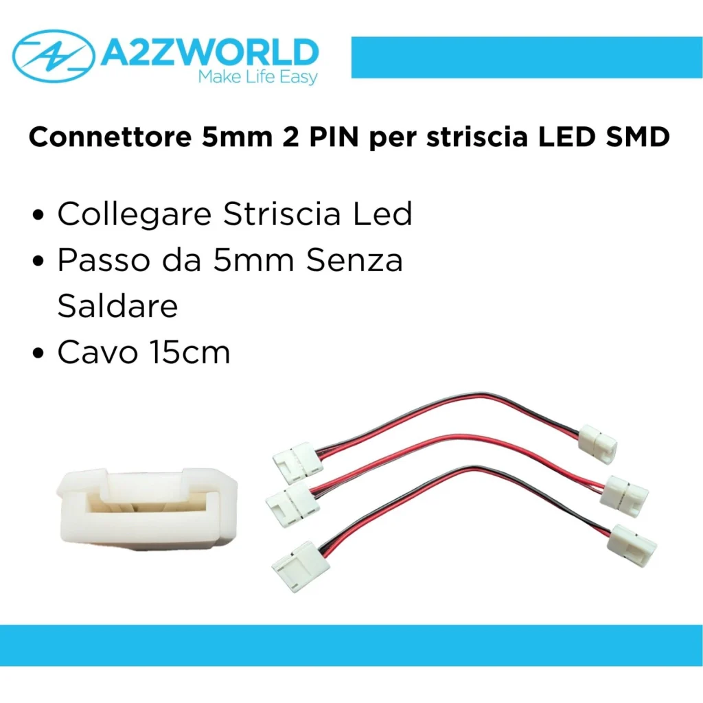 3 Pezzi Connettore 5mm 2 PIN, Per Collegare 2 Striscia Led Smd con Passo da 5mm Senza Saldare, Cavo 15cm - Image 2