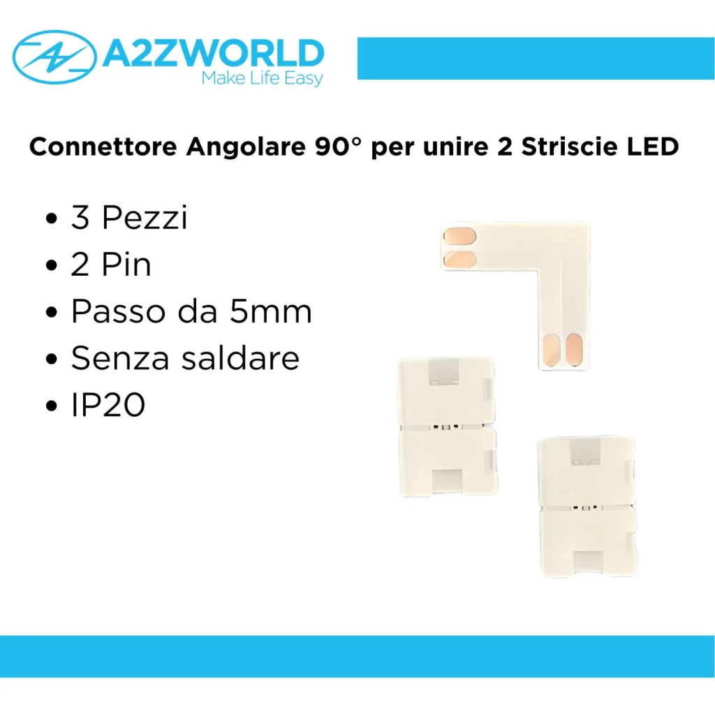 3 Pezzi Connettore 5mm Angolare 90° 2 PIN, Per Curvare 2 Striscie Led Smd con Passo da 5mm Senza Saldare - Image 2