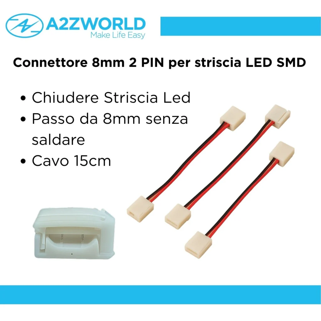 3 Pezzi Connettore 8mm 2 PIN, Per Chiudere Striscia Led Smd con Passo da 8mm Senza Saldare, Cavo 15cm - Image 2