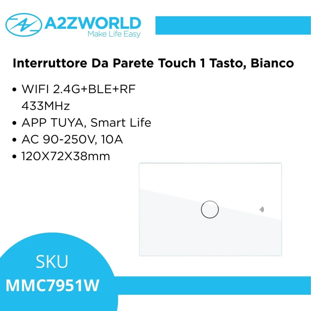 Interruttore Da Parete Touch 1 Tasto, WIFI 2.4G+BLE+RF 433MHz, Bluetooth BLE Mesh TUYA, Smart Life 10A, AC 90-250V, 50/60HZ, 120X72X38mm Per Scatola 503, IP20, Bianco, SH9551W - Image 4