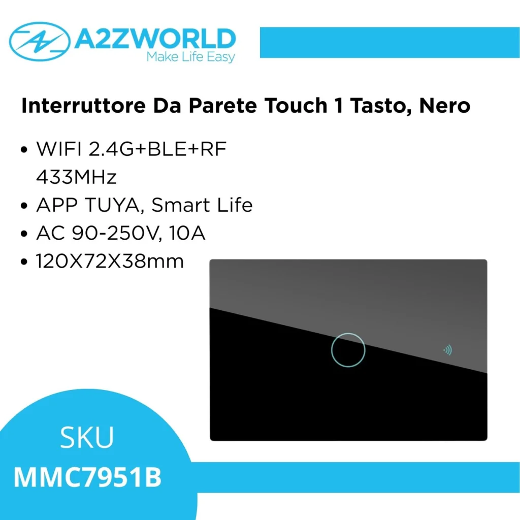 Interruttore Da Parete Touch 1 Tasto, WIFI 2.4G+BLE+RF 433MHz, Bluetooth BLE Mesh TUYA, Smart Life, 10A, AC 90-250V, 50/60HZ, 120X72X38mm Per Scatola 503, IP20, Nero, SH9551B - Image 4