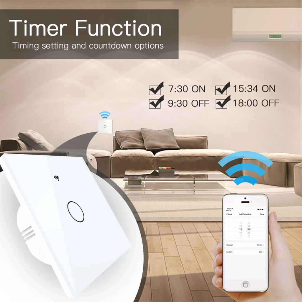 Interruttore Da Parete Touch 1 Tasto, WIFI+BLE+RF, WIFI 2.4G, RF 433MHz, Bluetooth BLE Mesh TUYA, Smart Life, 10A, AC 90-250V, 50/60HZ, 86X86X30mm Per Scatola 502, IP20, Bianco, SH9441W - Image 5
