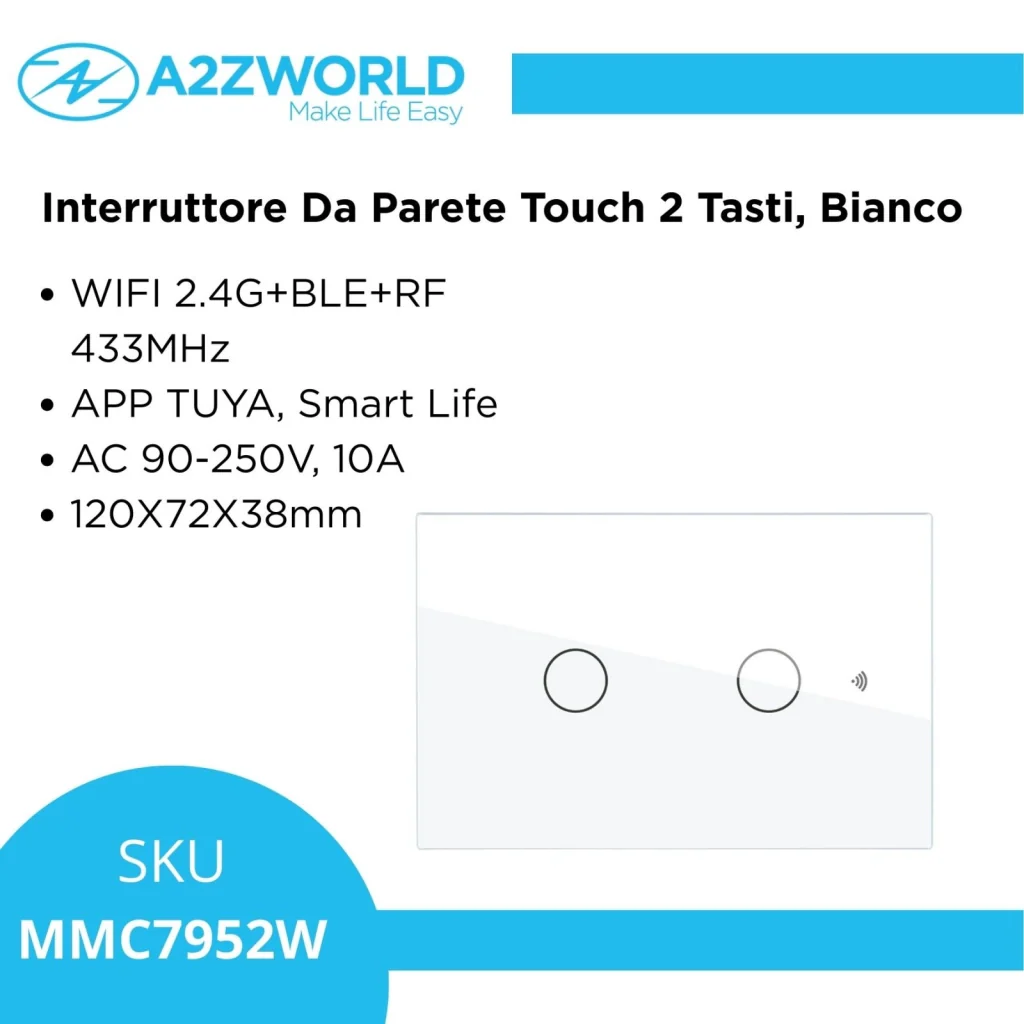Interruttore Da Parete Touch 2 Tasti, WIFI 2.4G+BLE+RF 433MHz, Bluetooth BLE Mesh, TUYA, Smart Life, 10A, AC 90-250V, 50/60HZ, 120X72X38mm Per Scatola 503, IP20, Bianco, SH9552W - Image 4