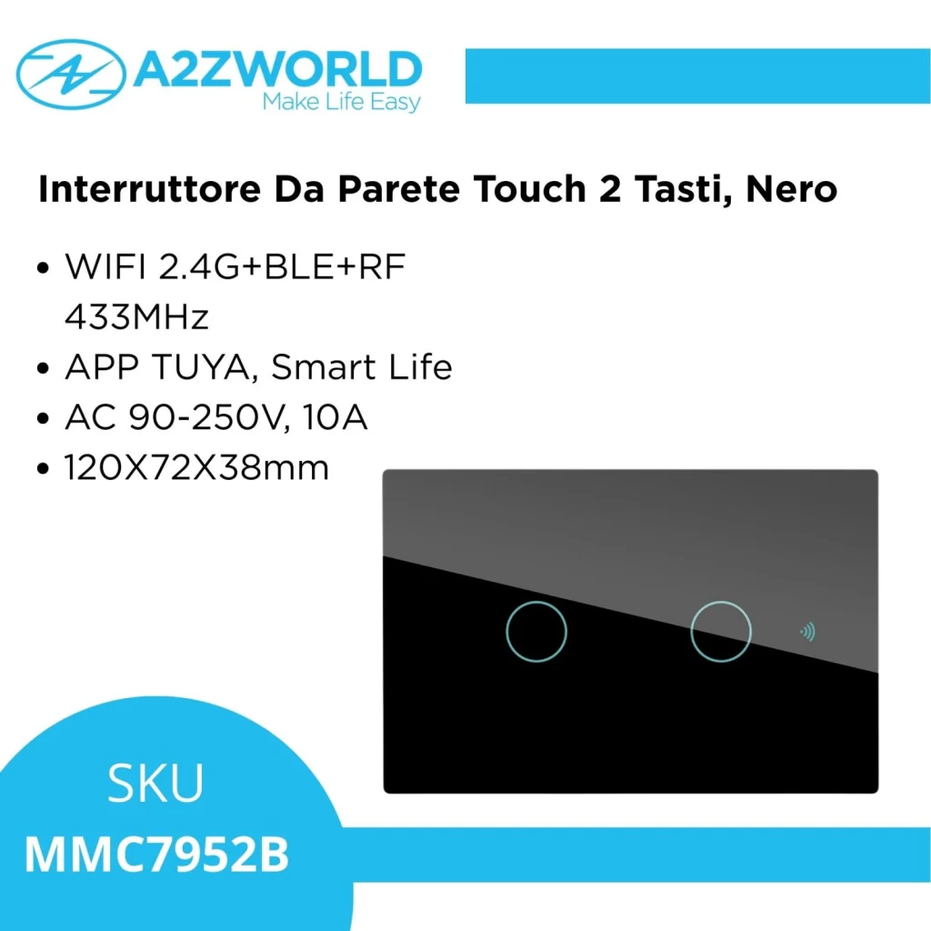 Interruttore Da Parete Touch 2 Tasti, WIFI 2.4G+BLE+RF 433MHz, Bluetooth BLE Mesh, TUYA, Smart Life, 10A, AC 90-250V, 50/60HZ, 120X72X38mm Per Scatola 503, IP20, Nero, SH9552B - Image 4