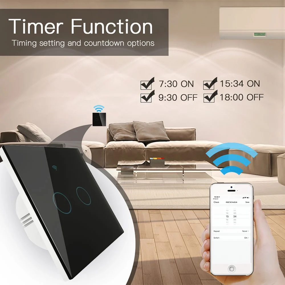 Interruttore Da Parete Touch 2 Tasti, WIFI 2.4G+BLE+RF 433MHz, Bluetooth BLE Mesh TUYA, Smart Life, 10A, AC 90-250V, 50/60HZ, 86X86X30mm Per Scatola 502, IP20, Nero, SH9442B - Image 5
