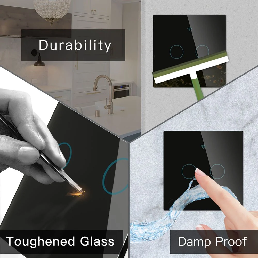 Interruttore Da Parete Touch 2 Tasti, WIFI 2.4G+BLE+RF 433MHz, Bluetooth BLE Mesh TUYA, Smart Life, 10A, AC 90-250V, 50/60HZ, 86X86X30mm Per Scatola 502, IP20, Nero, SH9442B - Image 6