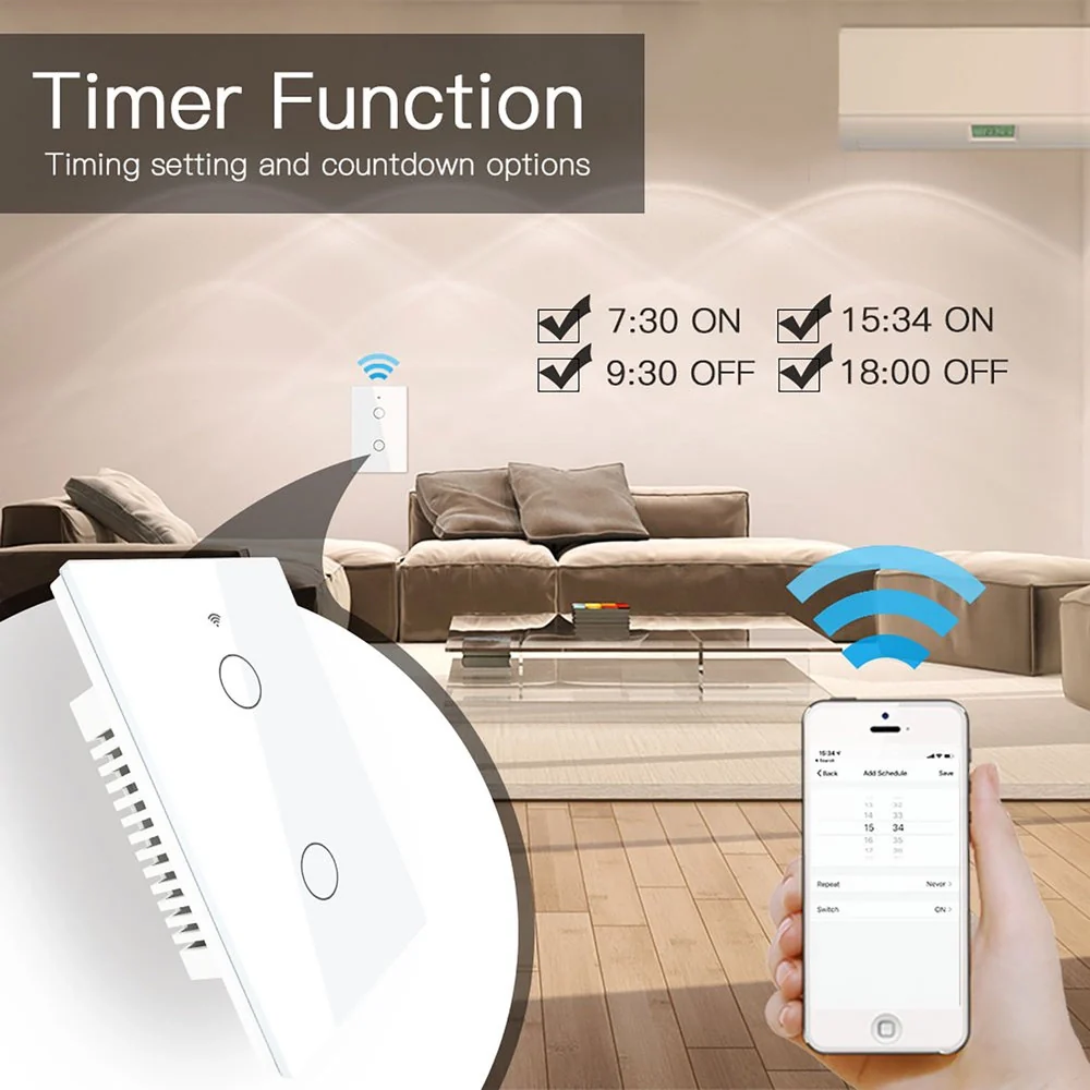 Interruttore Da Parete Touch 2 Tasti, WIFI 2.4G Matter, TUYA, Smart Life,Apple Home, Google Home, Alexa, SmartThings 10A, AC 90-250V, 50/60HZ, 120X72X38mm, IP20, Bianco - Image 4
