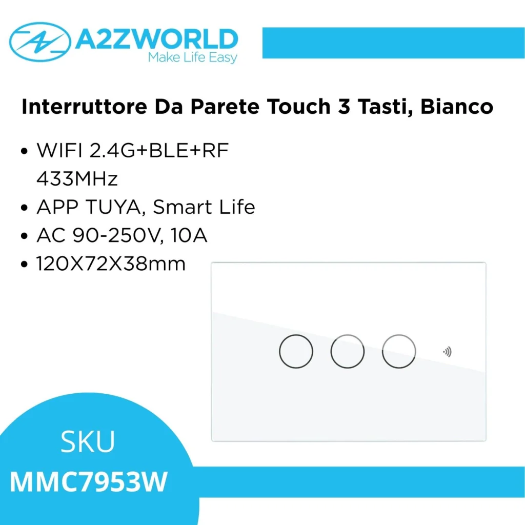 Interruttore Da Parete Touch 3 Tasti, WIFI 2.4G+BLE+RF 433MHz, Bluetooth BLE Mesh, TUYA, Smart Life, 10A, AC 90-250V, 50/60HZ, 120X72X38mm Per Scatola 503, IP20, Bianco, SH9553W - Image 4
