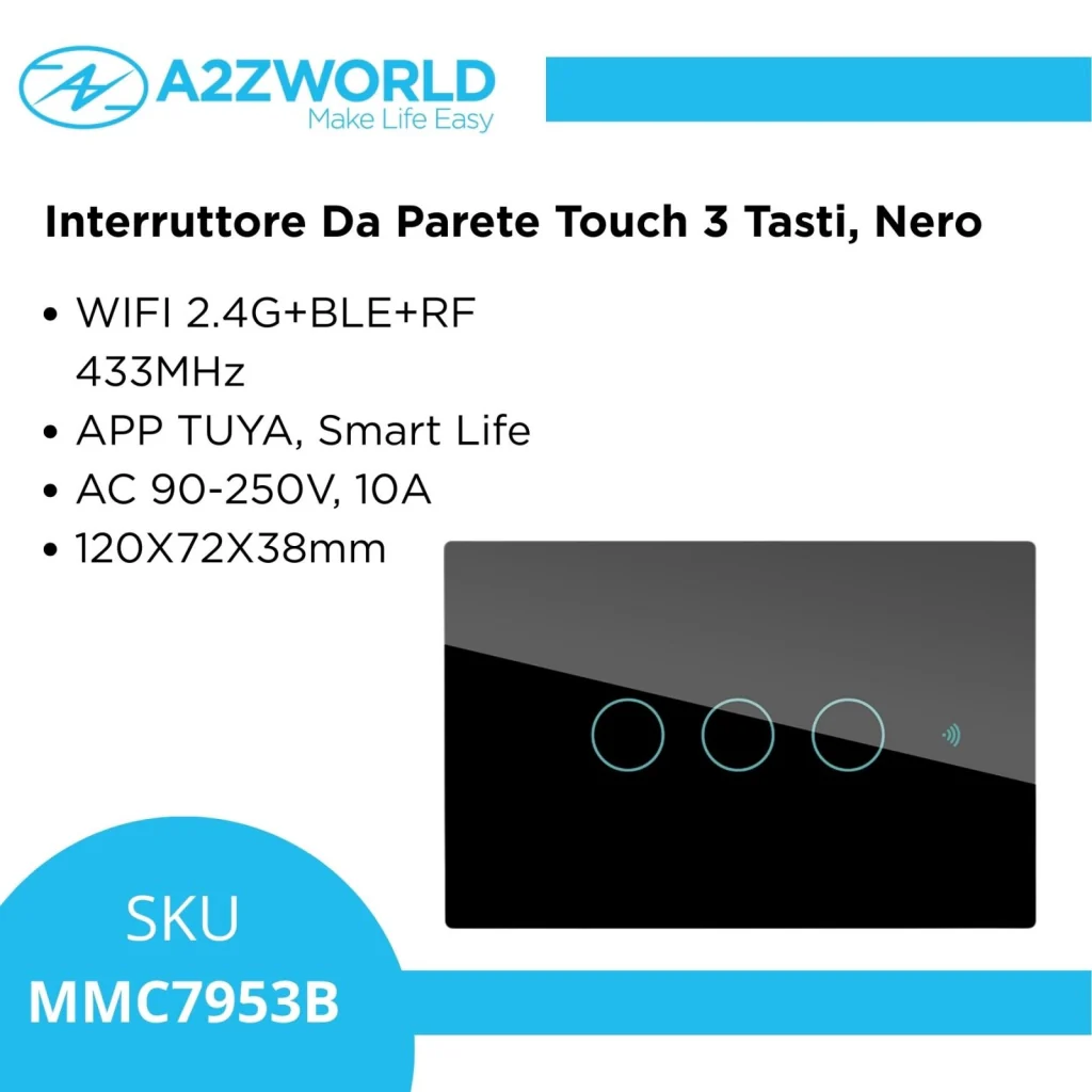 Interruttore Da Parete Touch 3 Tasti, WIFI 2.4G+BLE+RF 433MHz, Bluetooth BLE Mesh, TUYA, Smart Life, 10A, AC 90-250V, 50/60HZ, 120X72X38mm Per Scatola 503, IP20, Nero, SH9553B - Image 4