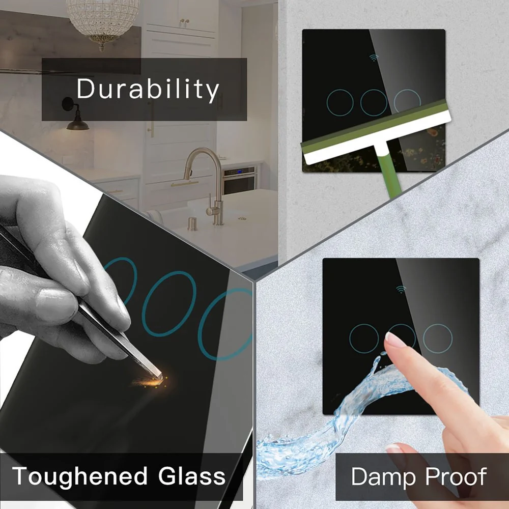 Interruttore Da Parete Touch 3 Tasti, WIFI 2.4G+BLE+RF 433MHz, Bluetooth BLE Mesh TUYA, Smart Life, 10A, AC 90-250V, 50/60HZ, 86X86X30mm Per Scatola 502, IP20, Nero, SH9443B - Image 6