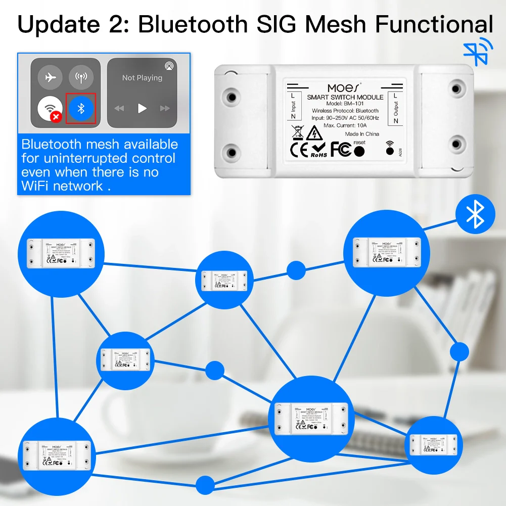 Interruttore Smart Bluetooth BLE 10A Bluetooth BLE Mesh TUYA, Smart Life 10A AC 90-250V 50/60HZ 2200W IP20 SHB101B - Image 3