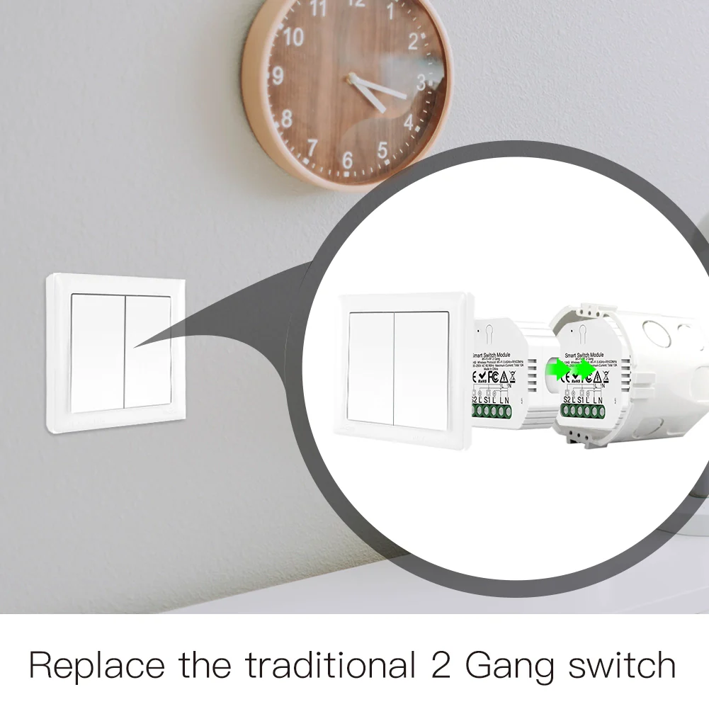 Relè Passo Passo Interruttore WIFI 2.4G+BLE+RF 433MHz, 2 Canali, Bluetooth BLE Mesh TUYA, Smart Life, 10A, AC 90-250V, 50/60HZ, 2200W, 53X48X18mm, IP20, SHB104B - Image 6