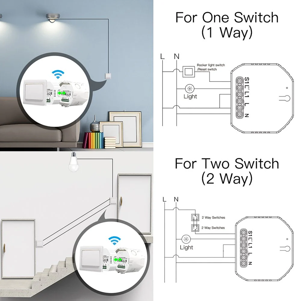Relè Passo Passo Interruttore WiFi 2.4G + BLE + RF 433MHz, 3 in 1, 10A Bluetooth BLE Mesh, TUYA, Compatibile Smart Life, 2200W, AC 90-250V 50/60Hz, 53x48x18mm IP20 SH104 - Image 4