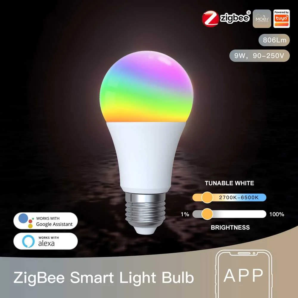Lampada Led E27, ZigBee 3.0, RGB+CW, TUYA, Smart Life, AC 90-250V, 50/60HZ, 9W, 60X117mm, IP20, SHZ62709 - Image 2
