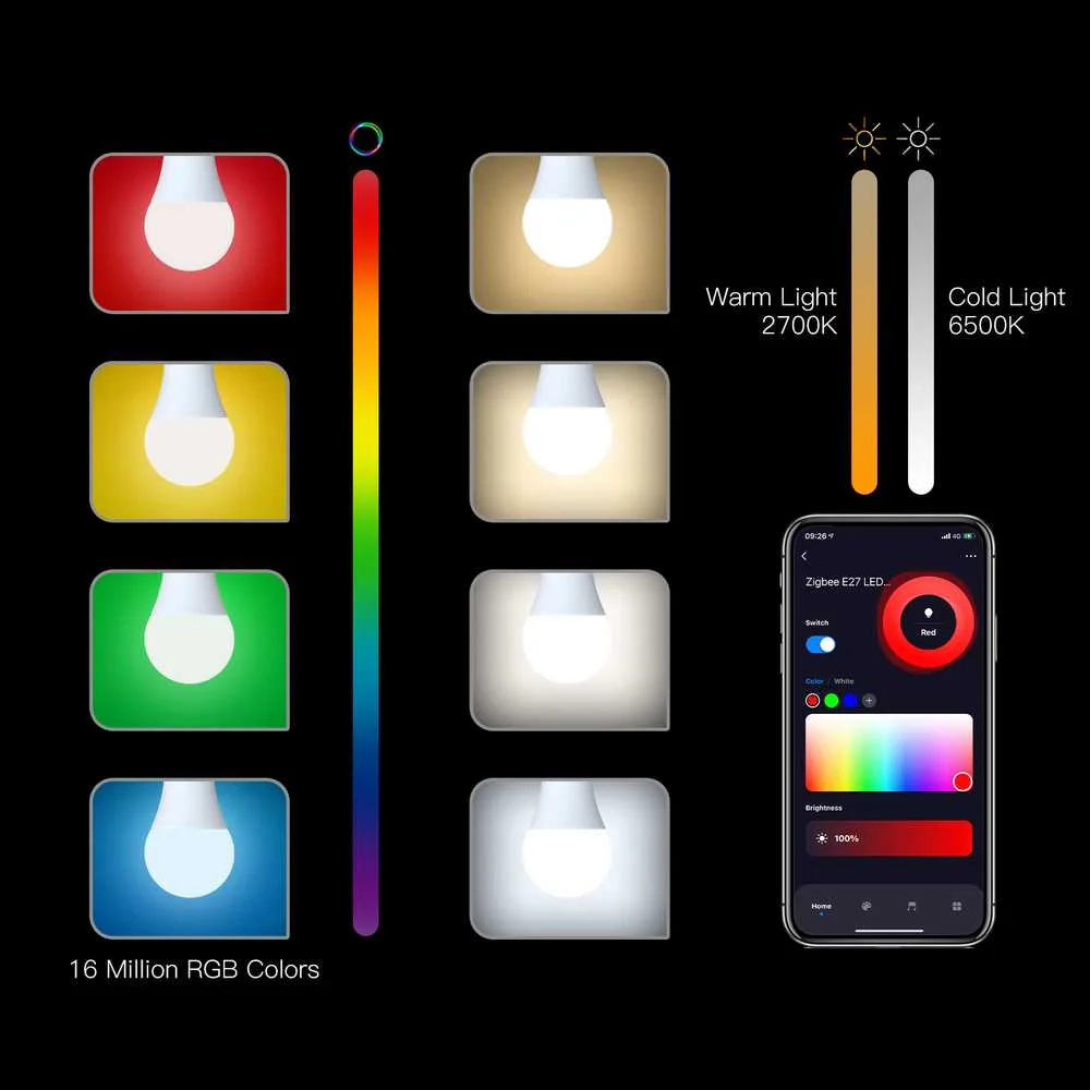 Lampada Led E27, ZigBee 3.0, RGB+CW, TUYA, Smart Life, AC 90-250V, 50/60HZ, 9W, 60X117mm, IP20, SHZ62709 - Image 4