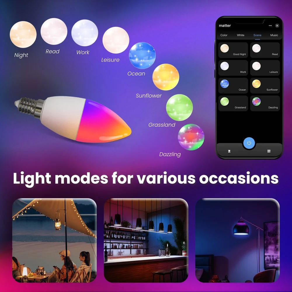 Lampada Led Matter E14, RGB+CW, Matter WIFI 2.4G TUYA, Smart Life, Apple Home, Google Home, Alexa, SmartThings, AC 90-250V, 50/60HZ, 6W, 37X106mm, IP20, MU11406 - Image 2