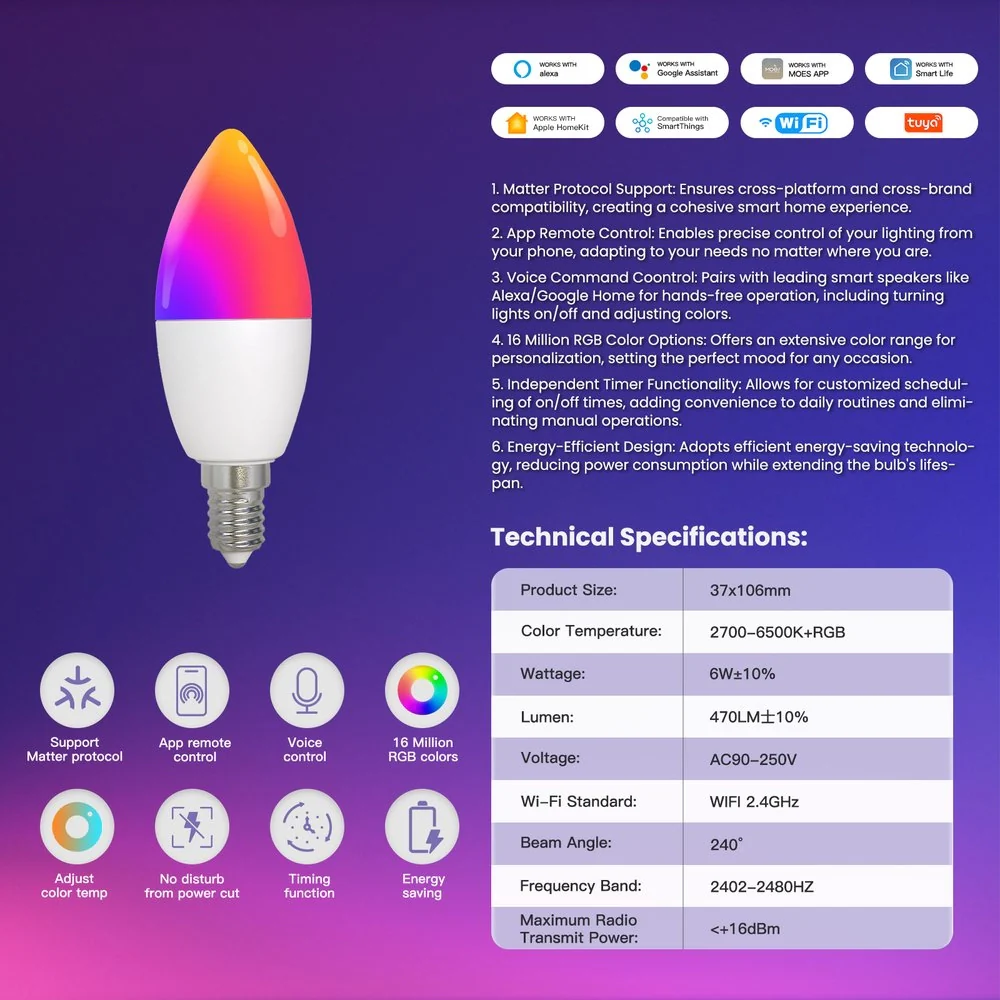 Lampada Led Matter E14, RGB+CW, Matter WIFI 2.4G TUYA, Smart Life, Apple Home, Google Home, Alexa, SmartThings, AC 90-250V, 50/60HZ, 6W, 37X106mm, IP20, MU11406 - Image 5