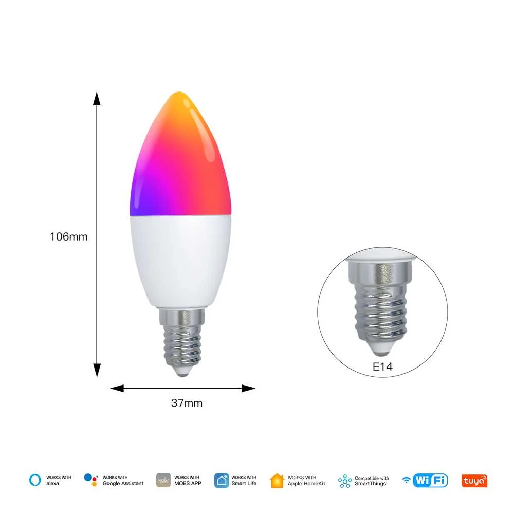 Lampada Led Matter E14, RGB+CW, Matter WIFI 2.4G TUYA, Smart Life, Apple Home, Google Home, Alexa, SmartThings, AC 90-250V, 50/60HZ, 6W, 37X106mm, IP20, MU11406 - Image 6