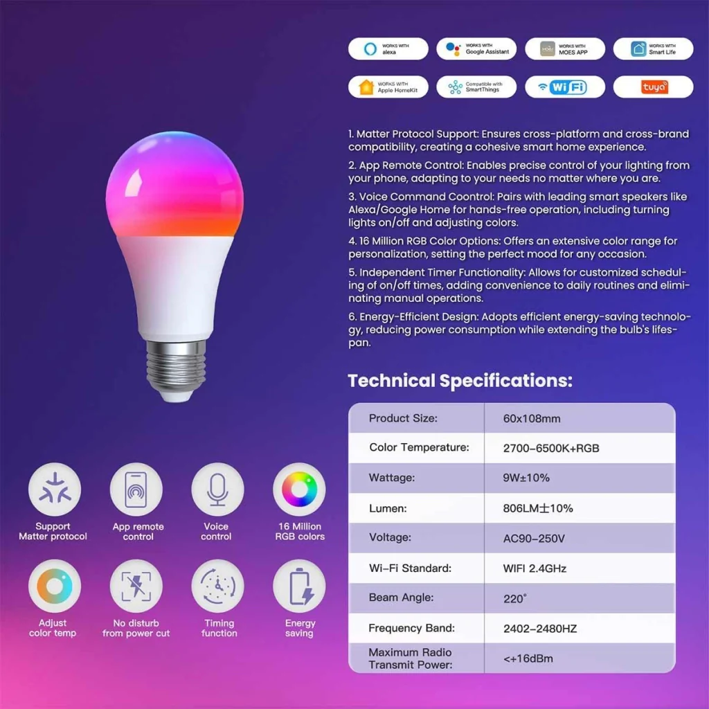 Lampada Led Matter E27, RGB+CW, Matter WIFI 2.4G TUYA, Smart Life, Apple Home, Google Home, Alexa, SmartThings AC 90-250V, 50/60HZ, 9W, 60X117mm, IP20, MU12709 - Image 3