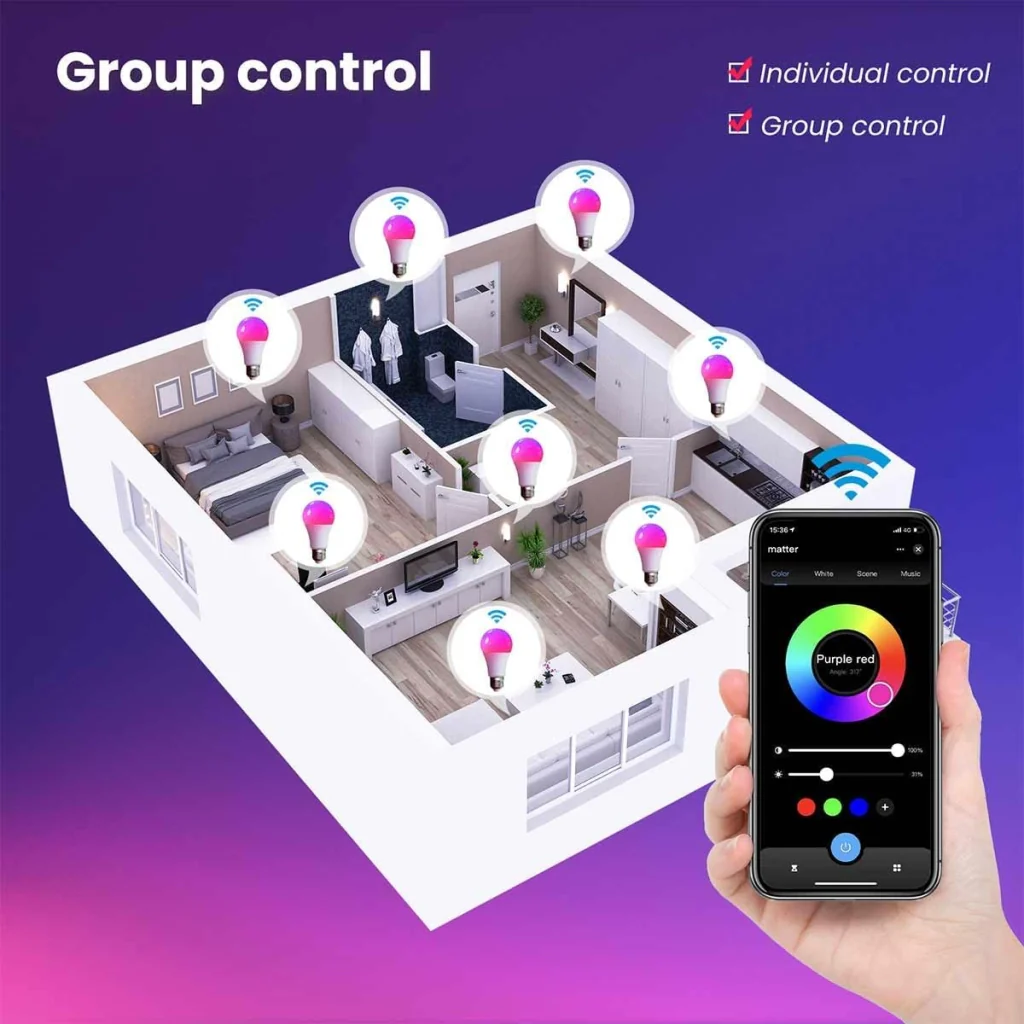 Lampada Led Matter E27, RGB+CW, Matter WIFI 2.4G TUYA, Smart Life, Apple Home, Google Home, Alexa, SmartThings AC 90-250V, 50/60HZ, 9W, 60X117mm, IP20, MU12709 - Image 4