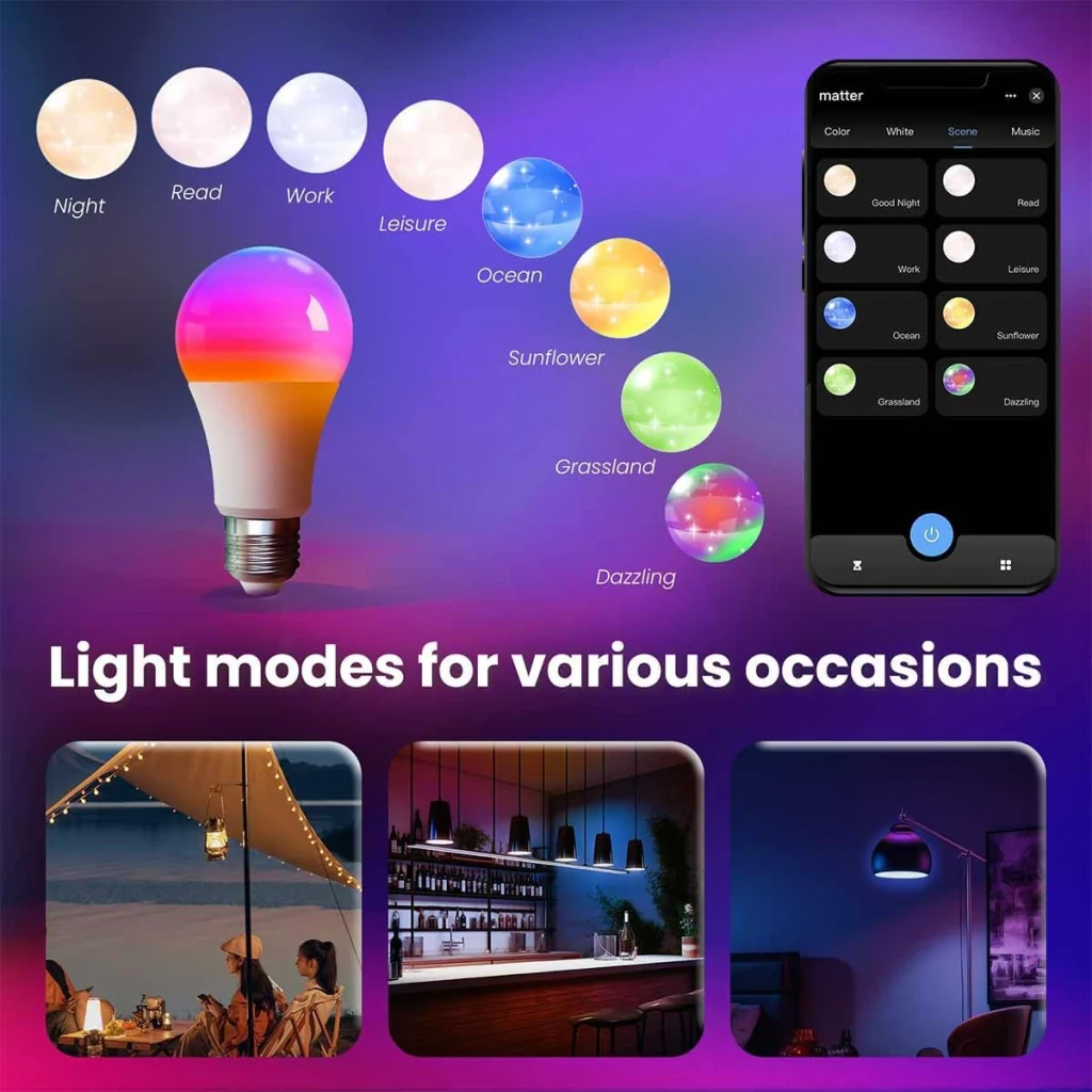 Lampada Led Matter E27, RGB+CW, Matter WIFI 2.4G TUYA, Smart Life, Apple Home, Google Home, Alexa, SmartThings AC 90-250V, 50/60HZ, 9W, 60X117mm, IP20, MU12709 - Image 6