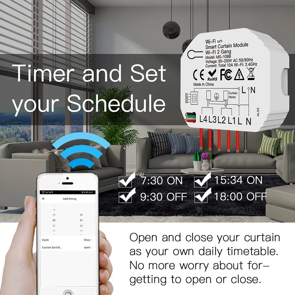 Modulo Tapparelle WIFI 2.4G + BLE, 2 Canali, Bluetooth BLE Mesh, TUYA, Smart Life, 2A, AC 90-250V, 50/60HZ, 500W, 52X47X18mm, IP20 - Image 5