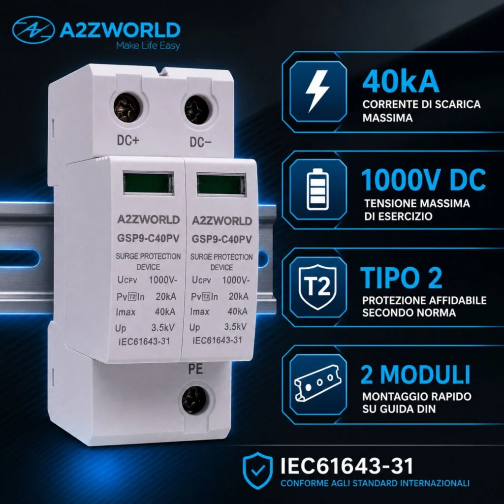 A2ZWORLD SPD Scaricatore di Sovratensione DC 1000V 2P 2M 40kA IP20 - Image 3