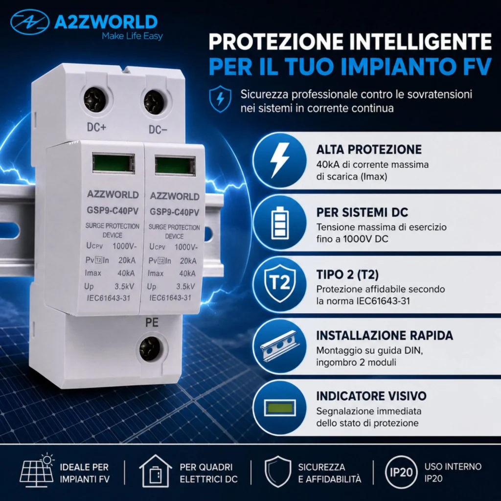 A2ZWORLD SPD Scaricatore di Sovratensione DC 1000V 2P 2M 40kA IP20 - Image 5