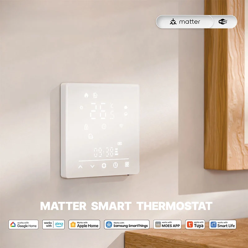 Termostato Matter WIFI 2.4G TUYA, Smart Life, Apple Google Home, Alexa, SmartThings Quadrata Compatibile Con Scatola 502 Riscaldamento Caldaia a Gas Bianco 5A 95-240V IP20 - Image 3