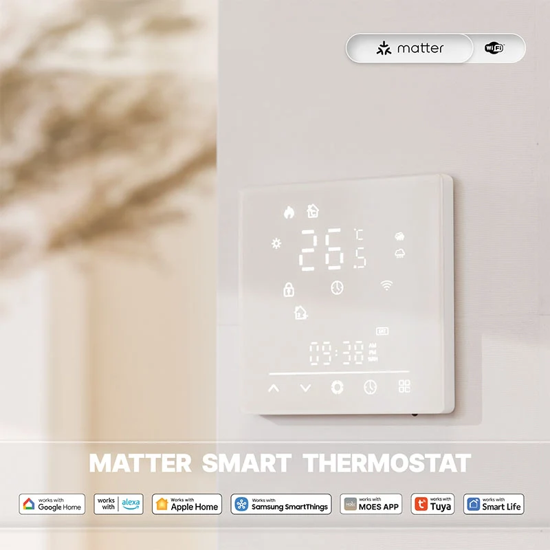 Termostato Matter WIFI 2.4G TUYA, Smart Life, Apple Home, Google Home, Alexa, Samsung SmartThings Riscaldamento Pavimento Con Acqua Bianco 5A 95-240V IP20 - Image 6