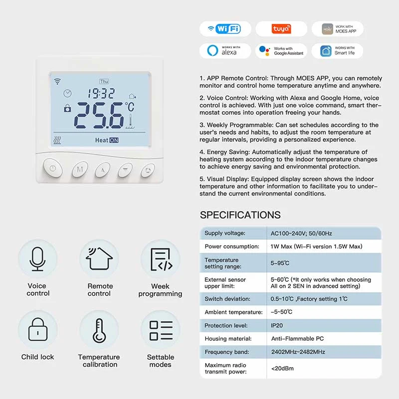 Termostato WIFI Con Bottone Protocollo WIFI 2.4G TUYA, Smart Life Quadrata Compatibile Con Scatola 502 Riscaldamento Caldaia a Gas Bianco 5A 95-240V IP20 - Image 4