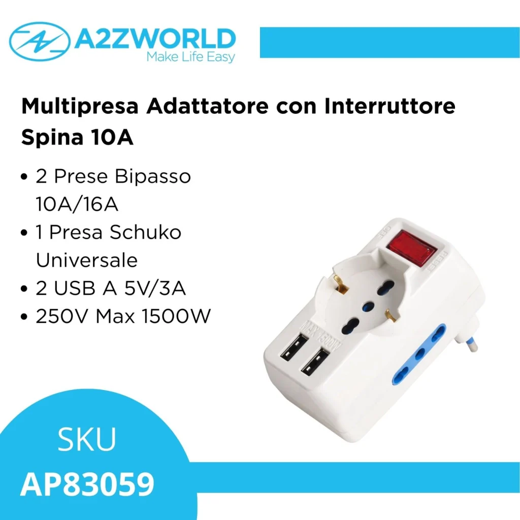 Adattatore con Interruttore Spina 10A con 2 Prese Bipasso 10A/16A 1 Presa Universale e 2 USB A 5V/3A 250V Max 1500W - Image 2
