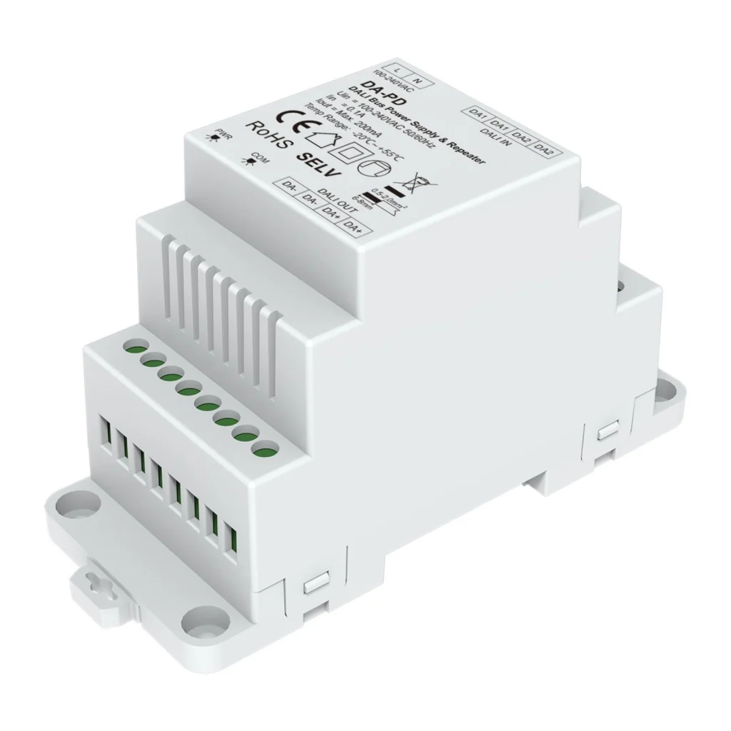 Alimentatore Bus DALI con Ripetitore Integrato, per Guida Barra DIN, AC220V, Uscita Max 200mA 16VDC, Estensione Linea fino a 1200 m, Protezione da Cortocircuito