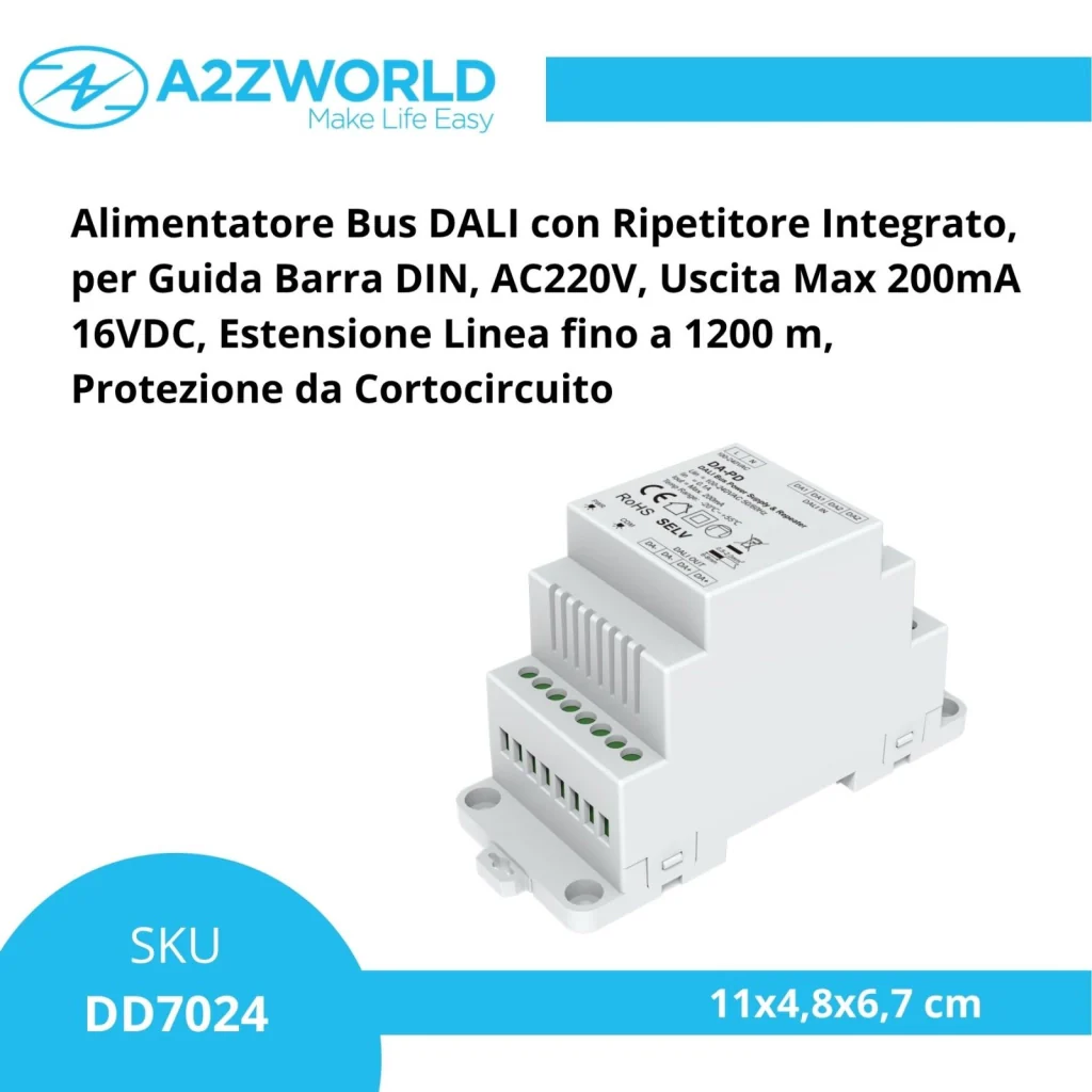 Alimentatore Bus DALI con Ripetitore Integrato, per Guida Barra DIN, AC220V, Uscita Max 200mA 16VDC, Estensione Linea fino a 1200 m, Protezione da Cortocircuito - Image 2