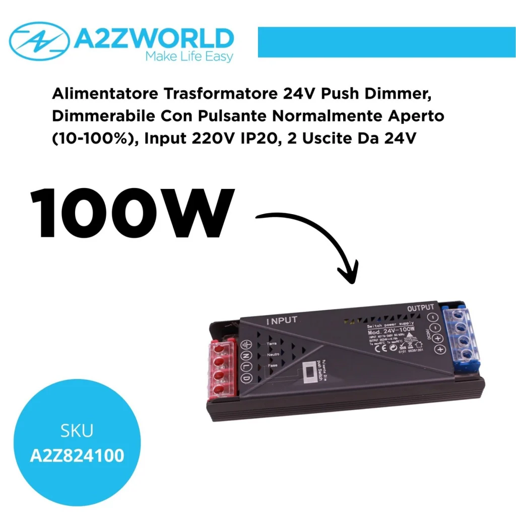 Alimentatore Trasformatore 24V Push Dimmer, Dimmerabile Con Pulsante NO (10-100%), Memoria Dopo Blackout, Spegnimento Soft, 2 Uscite, Input 220V IP20, Disponibili 100W 200W 300W 400W (100W) - Image 2