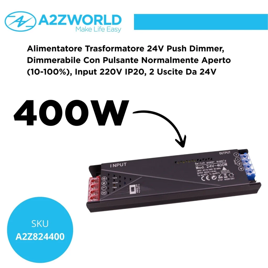 Alimentatore Trasformatore 24V Push Dimmer, Dimmerabile Con Pulsante NO (10-100%), Memoria Dopo Blackout, Spegnimento Soft, 2 Uscite, Input 220V IP20, Disponibili 100W 200W 300W 400W (400W) - Image 2