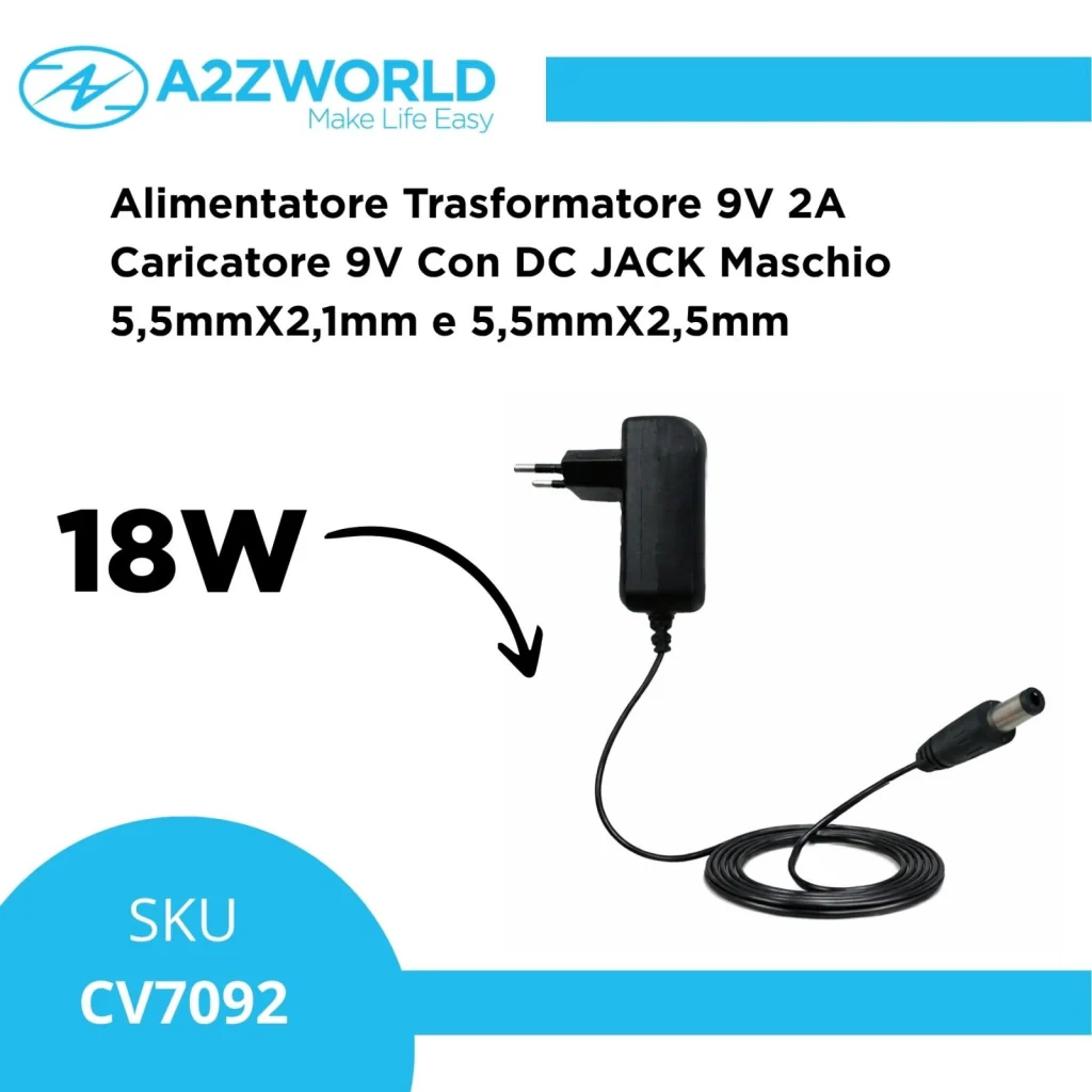 Alimentatore Trasformatore 9V 2A 18W Caricatore 9V Con DC JACK Maschio 5,5mmX2,1mm e 5,5mmX2,5mm - Image 2