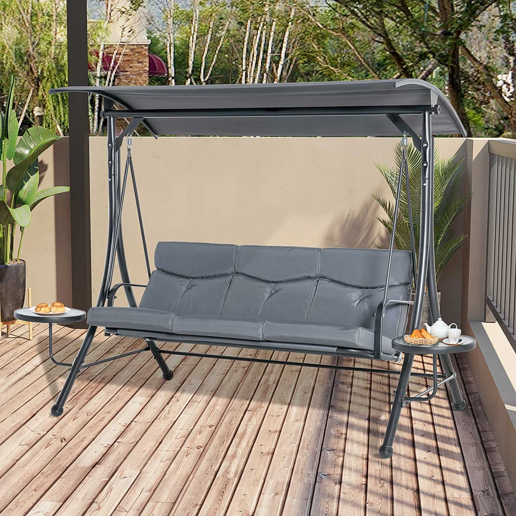 Altalena a 3 posti con tavolino da caffè in metallo con copertura in poliestere grigio e nero 271×125×177cm - Image 2