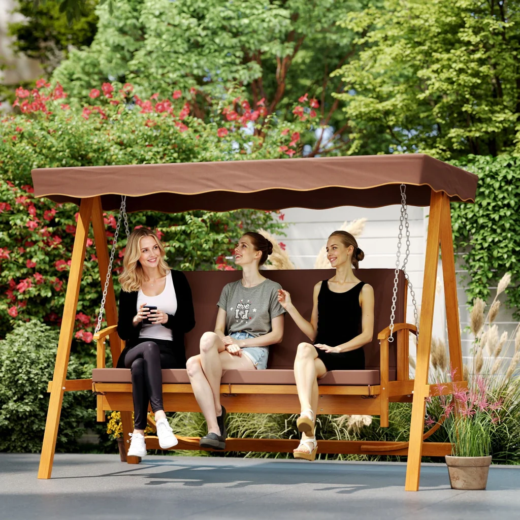 Altalena da giardino a 3 posti in legno massiccio confortevole velo solare color marrone - Image 8