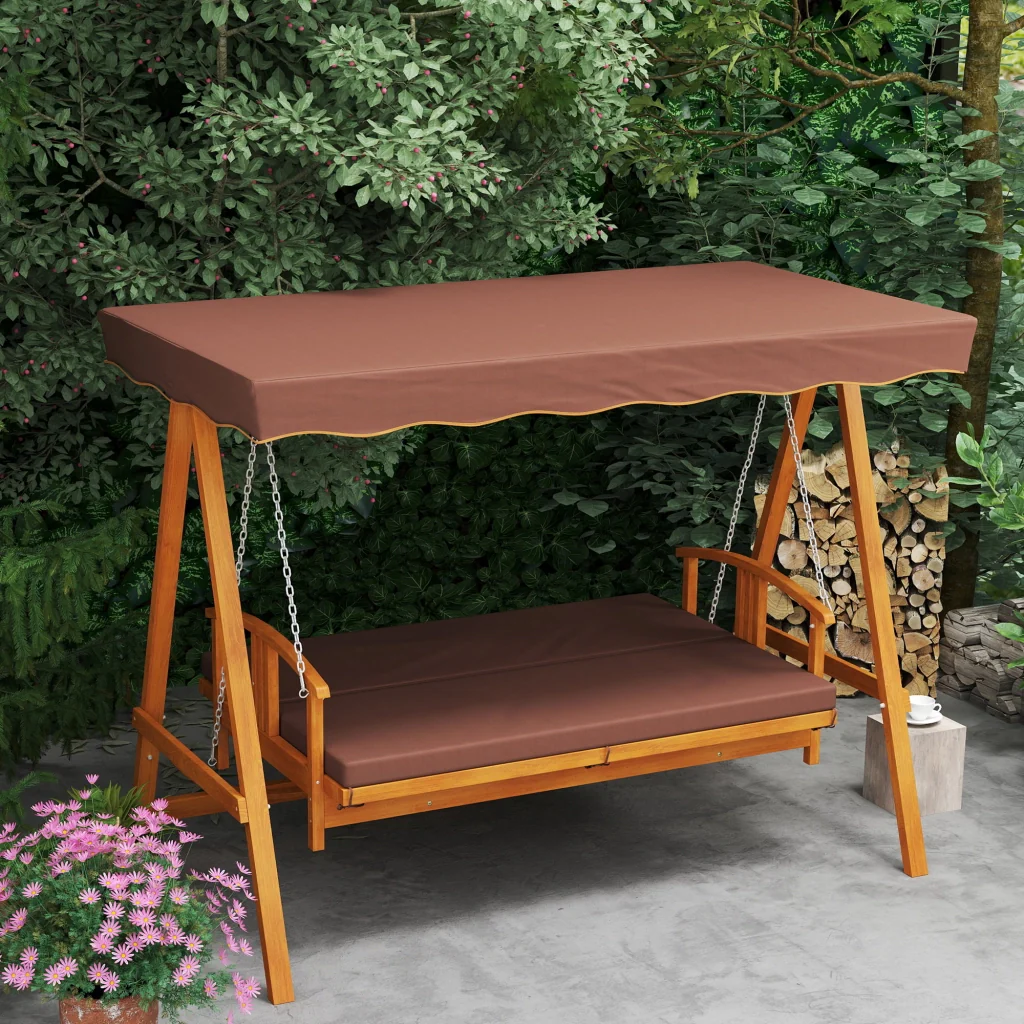 Altalena da giardino a 3 posti in legno massiccio confortevole velo solare color marrone - Image 9
