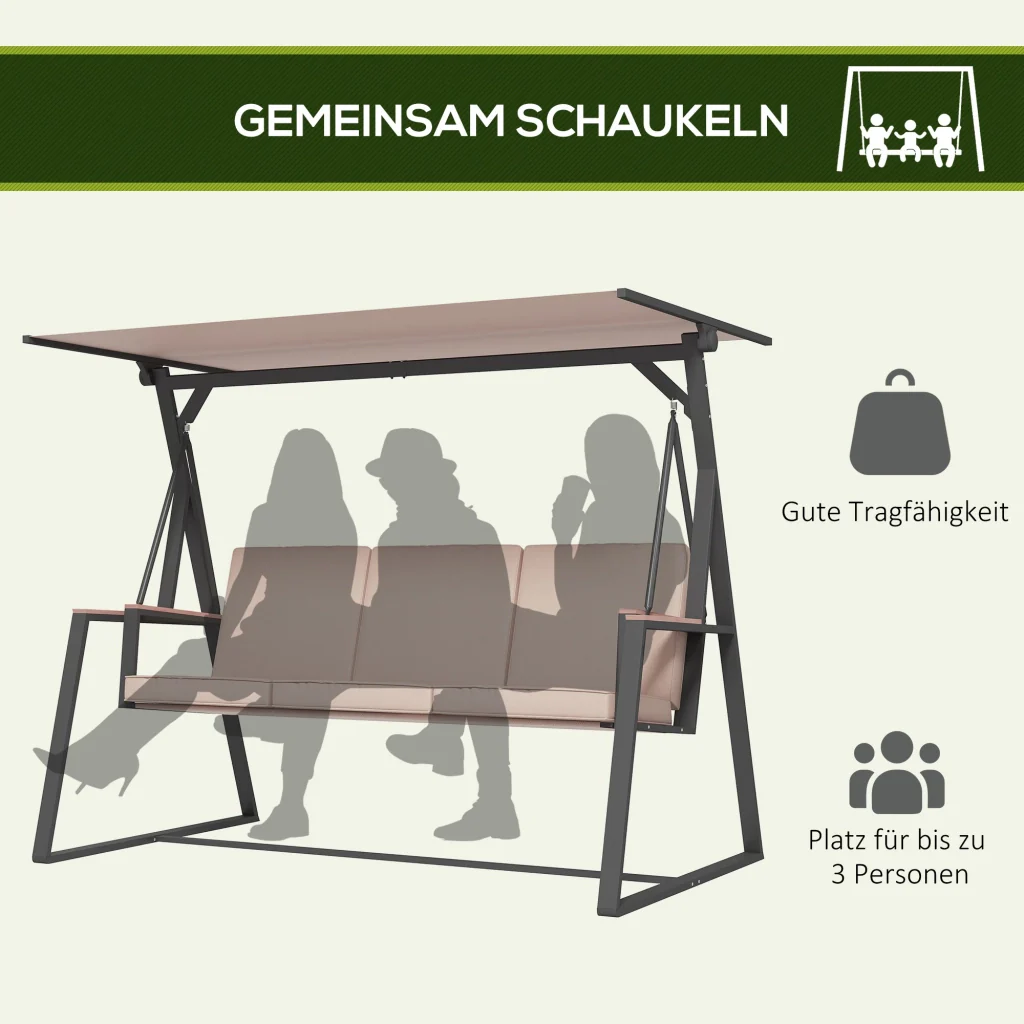 altalena da giardino Hollywood Swing a 3 posti con chioma solare impermeabile beige + nero - Image 4
