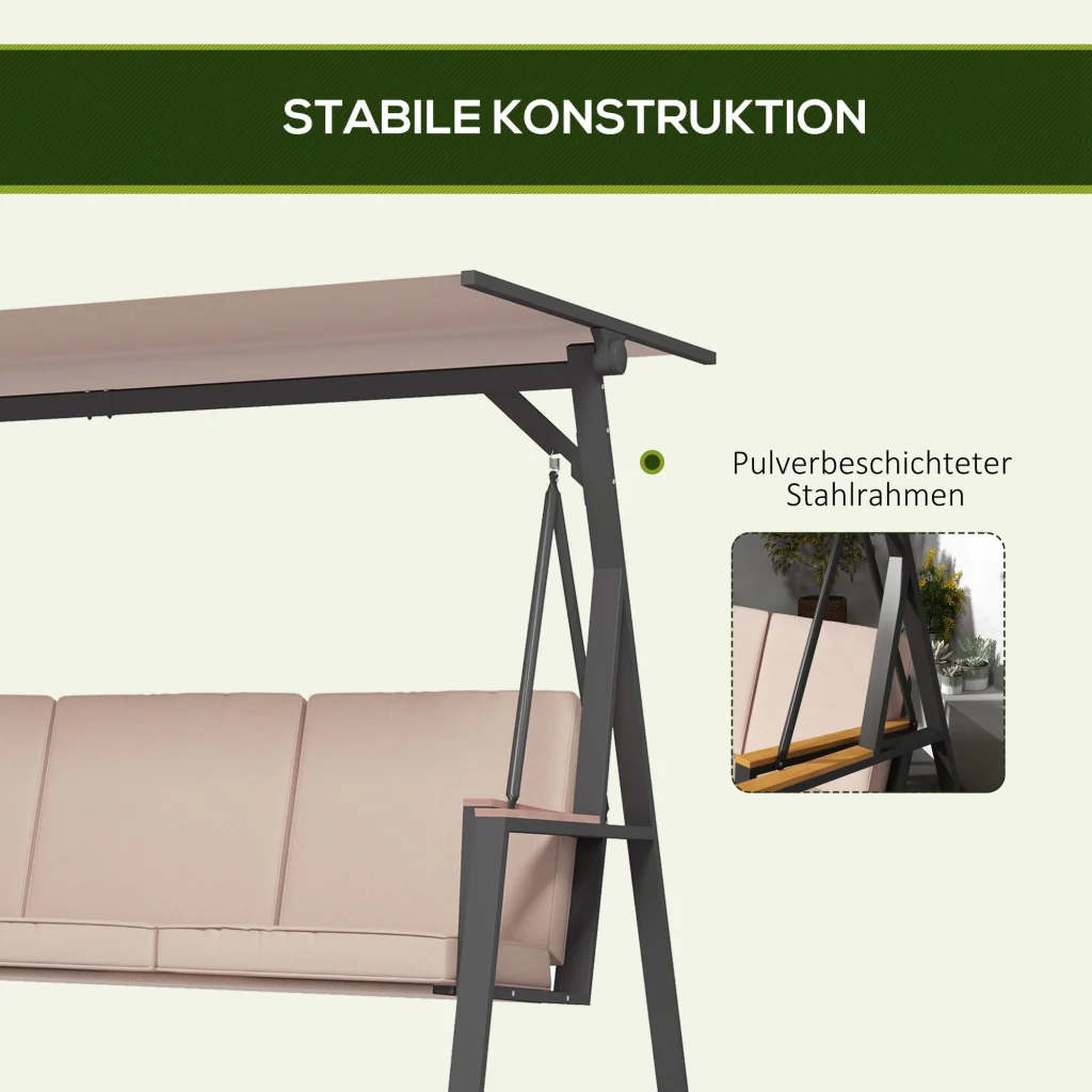 altalena da giardino Hollywood Swing a 3 posti con chioma solare impermeabile beige + nero - Image 7