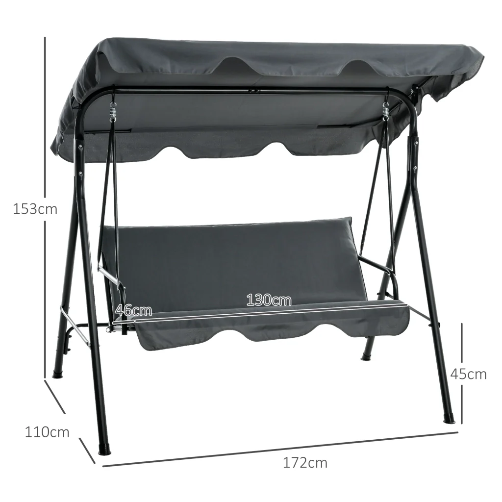 Altalena Hollywood 3-posti con tetto protettivo di struttura in acciaio solido 172×110×153cm colore grigio - Image 3